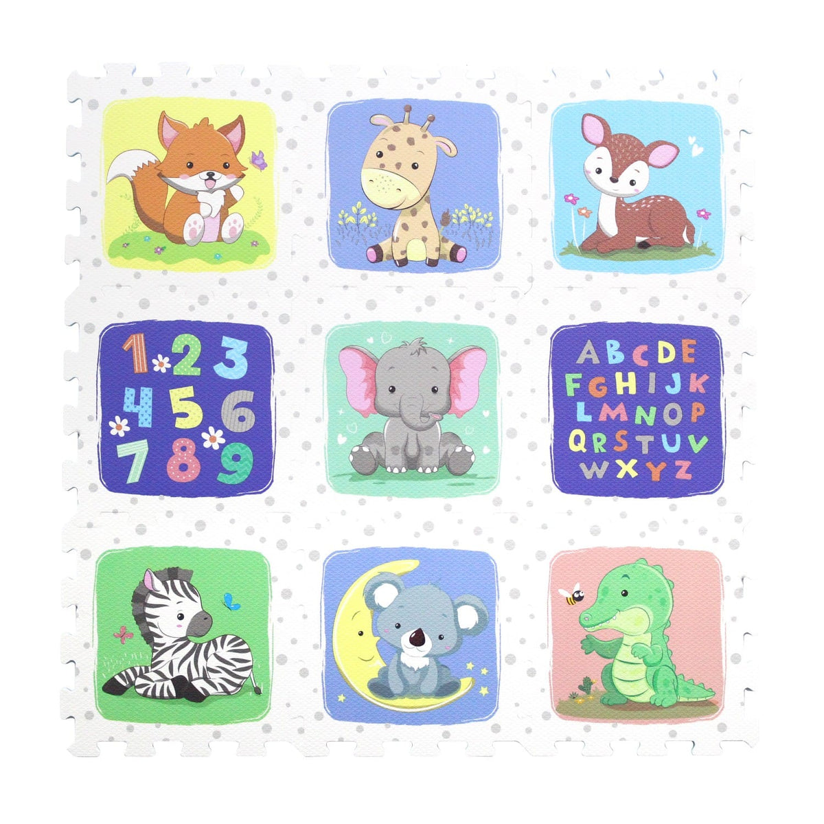 Resigilat - Covor Puzzle din Spuma EVA pentru Copii Ludiro, Set 9 Piese Educationale cu Animale, Litere si Cifre, Sigur, Non-Toxic, Suprafata Totala 89x89 Cm, Asamblare 3D, Joaca si Invatare - LUDIRO