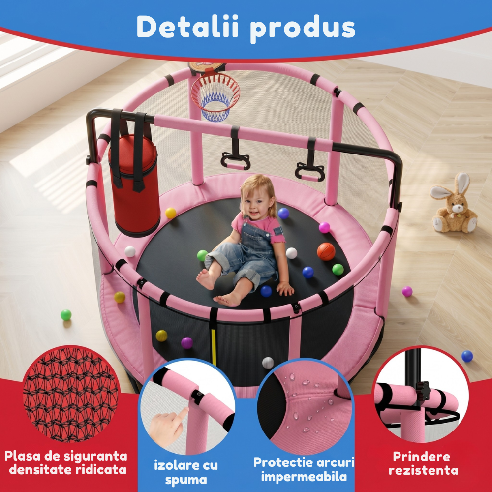 Resigilat - Trambulină pentru copii 8 în 1, Diametru 140 cm, cu plasă de siguranță, hamac, inele și coș de baschet, pentru interior și exterior, Certificare de Siguranta, Roz