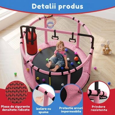 Resigilat - Trambulină pentru copii 8 în 1, Diametru 140 cm, cu plasă de siguranță, hamac, inele și coș de baschet, pentru interior și exterior, Certificare de Siguranta, Roz