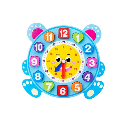 Ceas Educational din Lemn pentru Copii cu Design Dragut, Ursulet Albastru, Instrument Didactic Interactiv pentru Invatarea Orei, Dezvoltarea Abilitatilor Cognitive si Pregatirea Prescolara, 21.5x20 Cm - LUDIRO