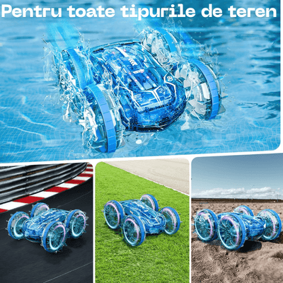 Masinuta RC Amfibie pentru Copii Ludiro, Rotire 360°, Lumini LED, Acumulator USB, Merge si pe Apa si Uscat, Albastru, + 5 Ani - LUDIRO