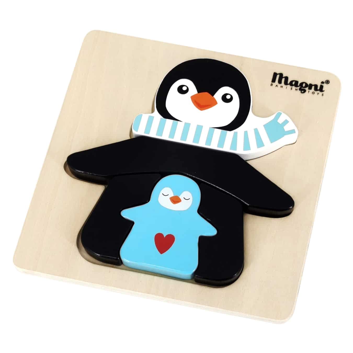 Puzzle din lemn, Magni, Pinguinii, 3 piese, albastru - LUDIRO