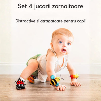 Set 4 jucării zornăitoare pentru mâini și picioare bebeluși 0-12 luni, senzoriale - LUDIRO