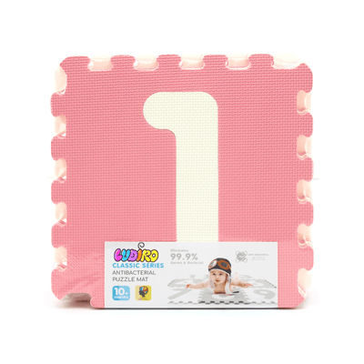 Covor Puzzle Antibacterian cu Cifre 1-9, 9 Piese 32x32 cm, Spuma EVA cu Ioni de Argint, Alb Roz - LUDIRO