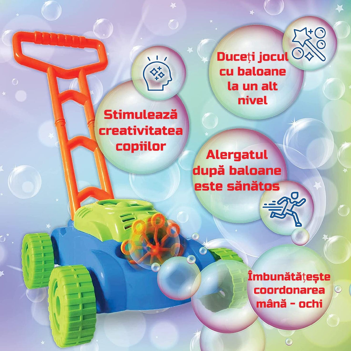 Masina de Tuns Iarba Interactiva pentru Baloane de Sapun, Solutie Inclusa, 27x27.5x50 Cm, + 3 Ani - LUDIRO