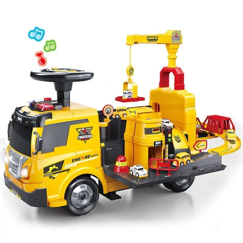 Camion 4 in 1 cu Functie Ride-On, Circuit Interactiv si Macara, Jucarie Educativa pentru Copii cu Volan Multifunctional, Lumini si Sunete, + 3 Ani - LUDIRO