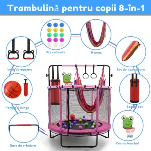 Trambulină pentru copii 8 în 1, Diametru 140 cm, cu plasă de siguranță, hamac, inele și coș de baschet, pentru interior și exterior, Certificare de Siguranta, Roz - LUDIRO