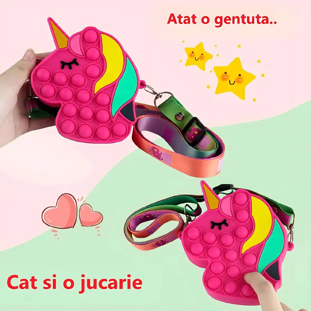 Jucarie Interactiva Antistres Tip Gentuta de Umar Pop IT NOW din Silicon, Cu Fermoar si Curea, Model Unicorn, 12X12X4 cm, Fuchsia, + 3 Ani - LUDIRO
