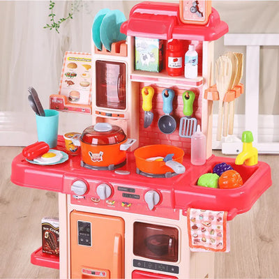 Bucatarie Multifunctionala pentru Copii, 42 Piese, Lumini si Sunete Realiste, Aragaz, Cuptor, Chiuveta Functionala cu Apa, Bej Rose, 63x47x23 Cm - LUDIRO