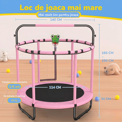 Resigilat - Trambulină pentru copii 8 în 1, Diametru 140 cm, cu plasă de siguranță, hamac, inele și coș de baschet, pentru interior și exterior, Certificare de Siguranta, Roz