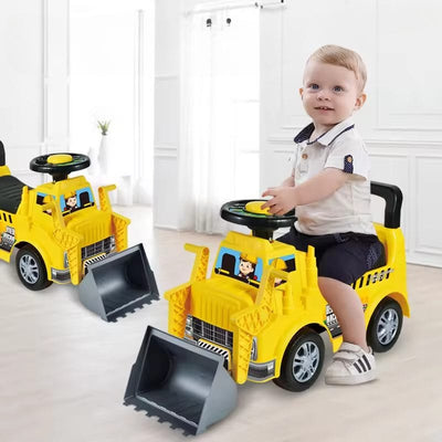 Buldozer Ride On pentru Copii, Cu Remorca, Volan si Claxon, Cupa de Carat Functionala, Scaun Confortabil, Sprijin pentru Spate, 65.5x37x22.5 Cm, +3 Ani, Galben Negru - LUDIRO