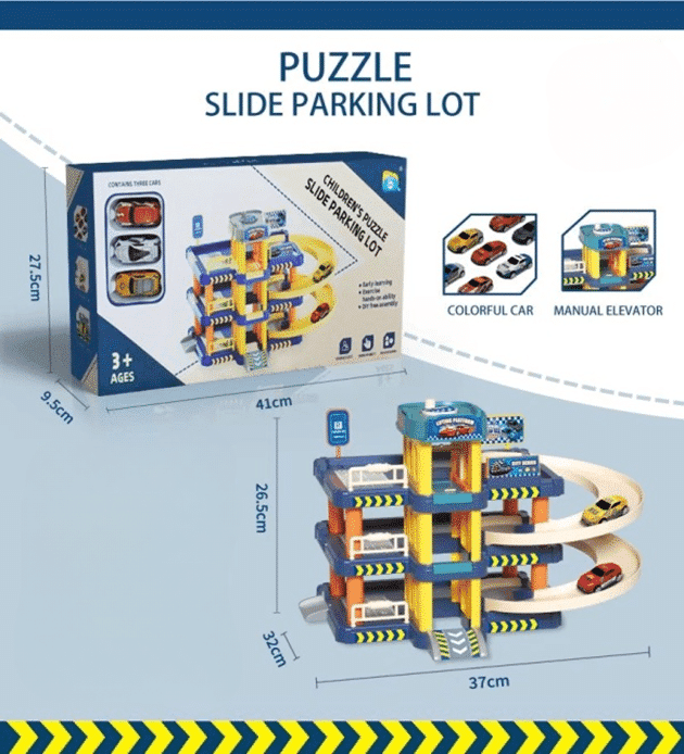 Set de Joaca Parcare pentru Masinute, 3 Nivele, Coborare in Spirala, Lift Manual, 2 Masinute, 37x26.5x32 Cm, + 3 Ani - LUDIRO