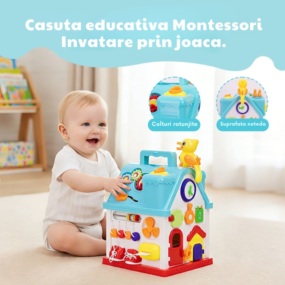Resigilat - Căsuță Interactivă Montessori 20 în 1 pentru Bebeluși, Centru de Activități Educativ cu Muzică, Lumini, Telefon, Sortator și Joc Prindere Păsări, Fără BPA, 6-36 Luni - LUDIRO
