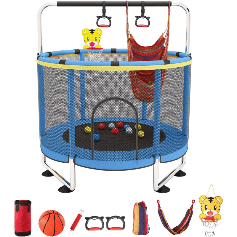 Resigilat - Trambulina pentru Copii LUDIRO, Diametru 140 Cm, Cu Plasa de Siguranta, Cos Baschet, Leagan Si Accesorii, Suporta 200 kg, Interior sau Exterior, Pentru Dezvoltarea Echilibrului, Albastra, + 3 Ani - LUDIRO