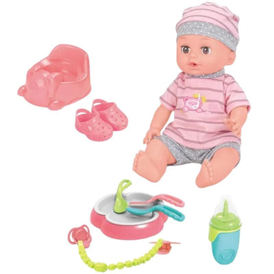 Set Papusa Bebelus Multifunctionala Care Vorbeste, Bea si Face Pipi, 12 Sunete, Olita, Suzeta, Farfurie si Tacamuri, Biberon, Papucei, 30 Cm, + 3 Ani - LUDIRO