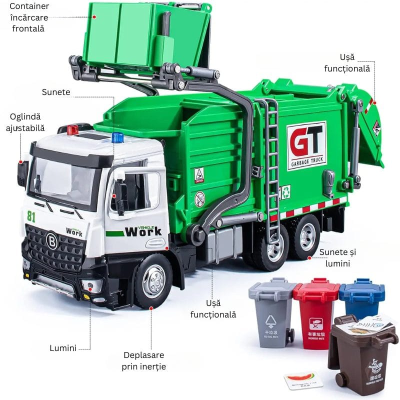 Camion de Gunoi din Metal cu Sunete si Lumini, Cosuri de Reciclare si Joc Educativ de Sortare a Deseurilor, Incurajeaza Responsabilitatea Ecologica, Cu Mecanism de Incarcare Functional, + 3 Ani - LUDIRO