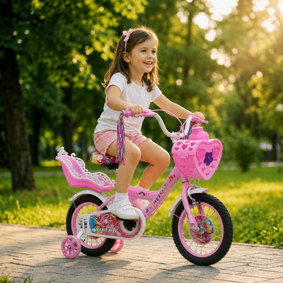 Fetiță care folosește bicicleta roz LUDIRO de 14 inch cu roți ajutătoare