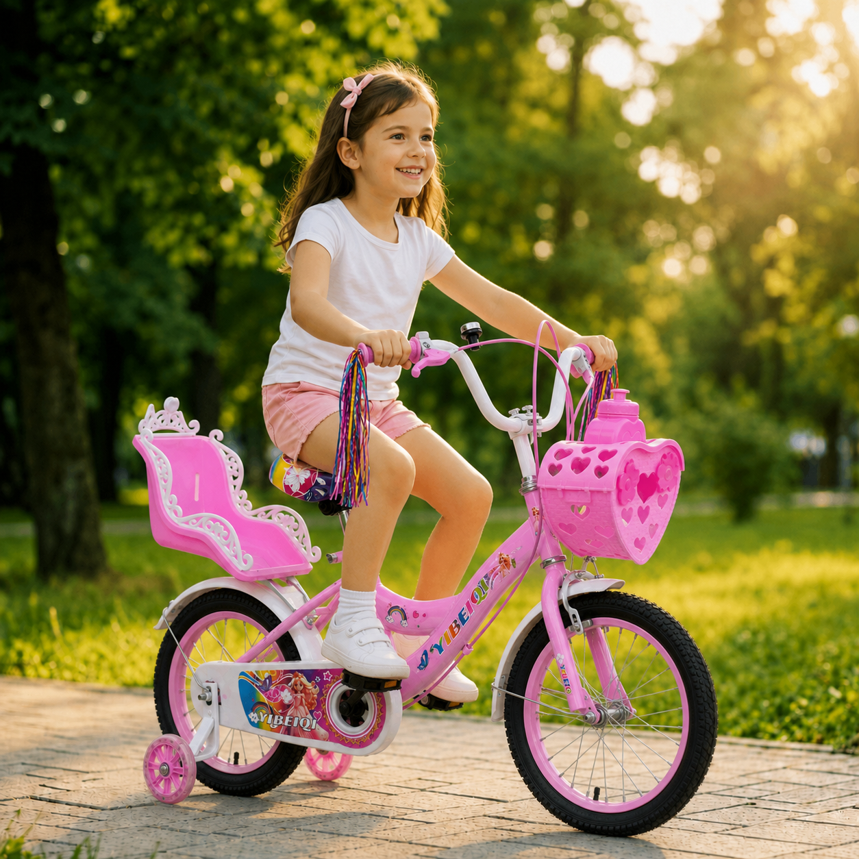 Fetiță care folosește bicicleta roz LUDIRO de 16 inch într-un parc