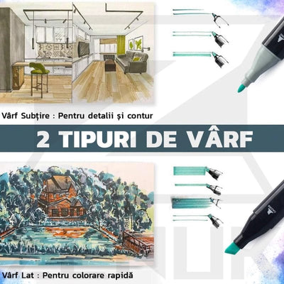 Set 168 Markere Profesionale, Culori Multicolore Vibrante cu Cerneala pe Baza de Alcool, Cu Doua Capete, Subtire si Gros, Ideal pentru Copii Creativi, Stimuleaza Imaginatia si Dezvoltarea Artistica, I - LUDIRO