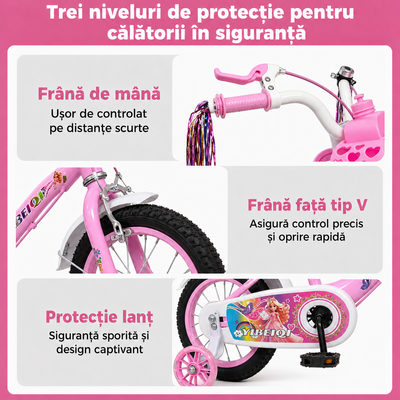 Frână față tip V și protecție completă pentru lanț la bicicleta de copii de 16 inch