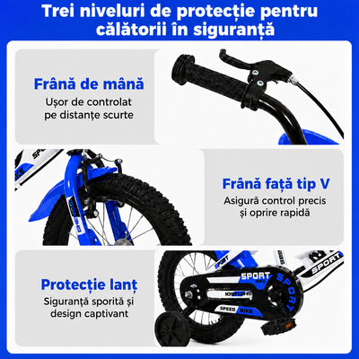 Sisteme de siguranță ale bicicletei LUDIRO: frână de mână, frână față tip V și protecție completă pentru lanț.