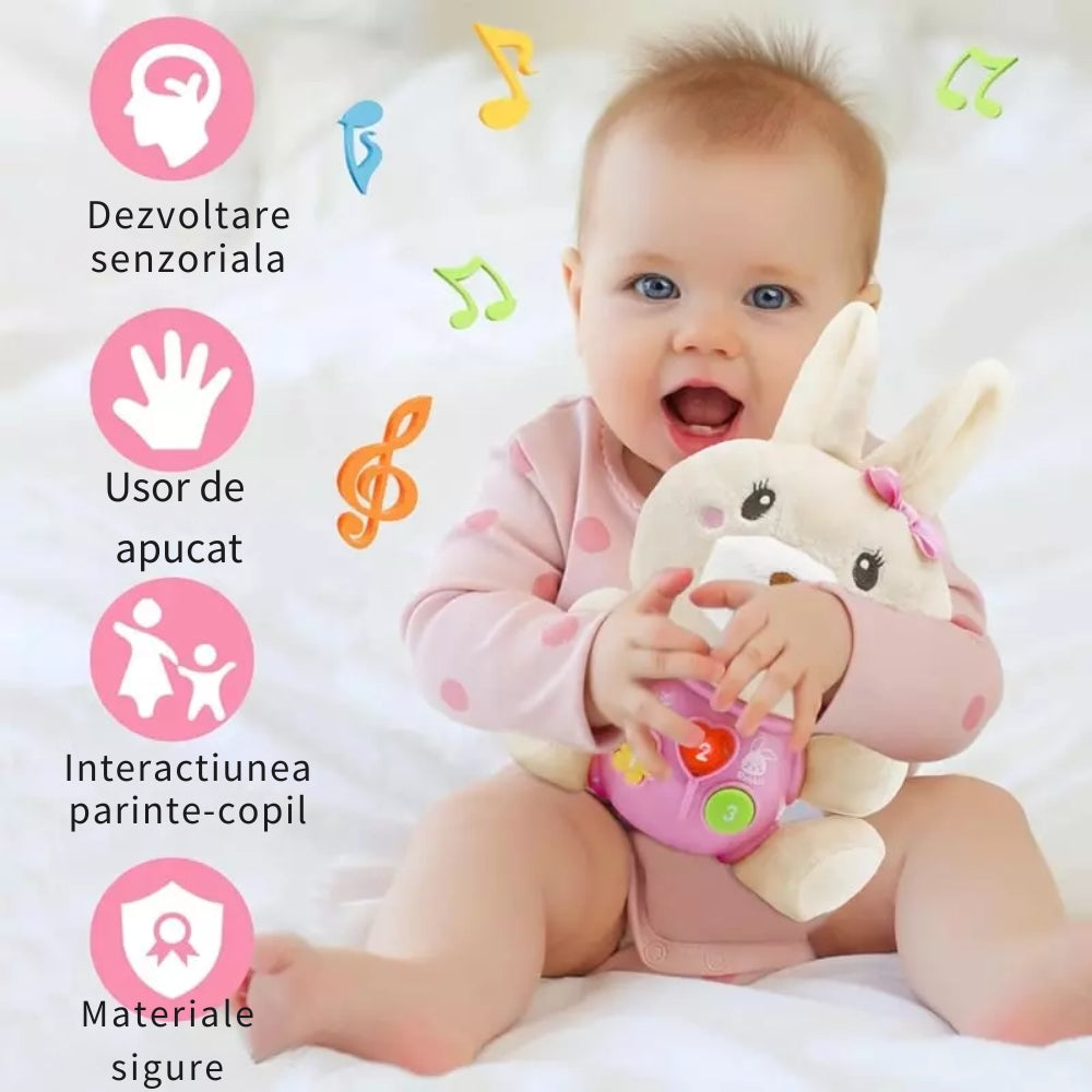 Copil care ține iepurașul LUDIRO, cu prezentarea activităților senzoriale și a interacțiunii părinte-copil.