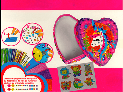 Set Artizanat pentru Copii – Cutie de Bijuterii Inimioară cu Mozaic pe Numere și Stickere cu Animale – 595 Piese, Activitate Creativă 5+ Ani – 12x13x5.5 cm - LUDIRO
