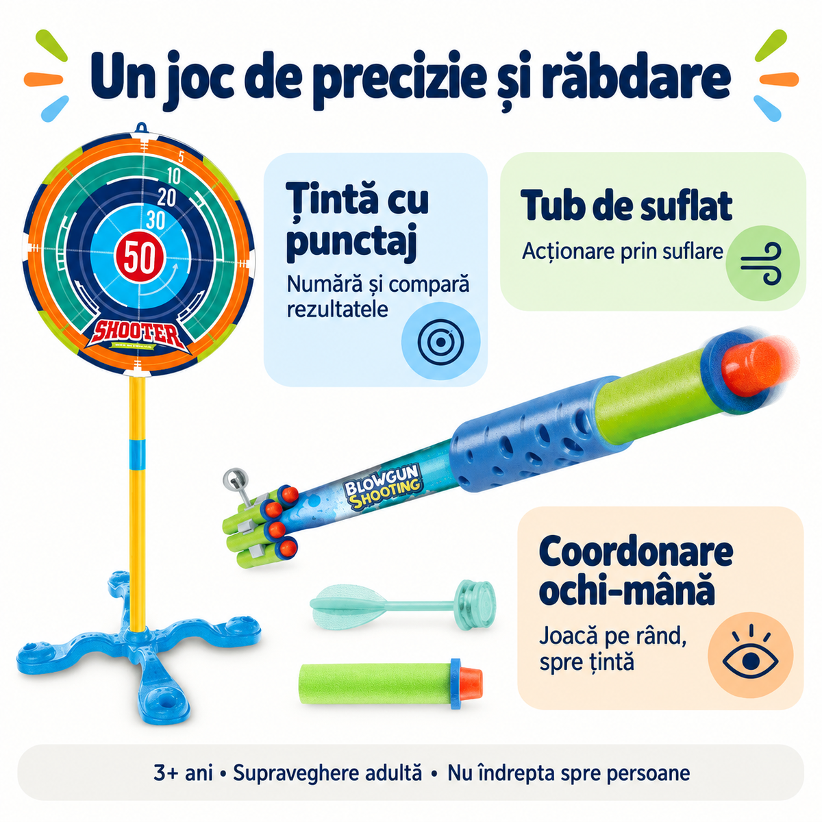 Set de joacă cu țintă, tub de suflat și proiectile din spumă, pentru coordonare și numărare
