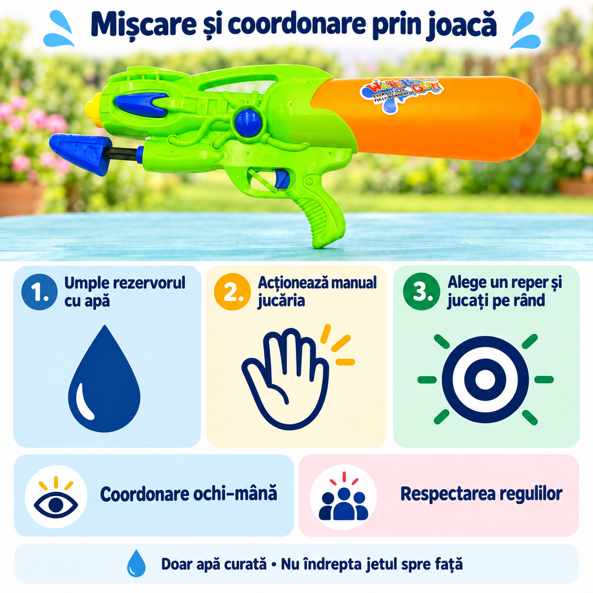 Jocuri cu apă pentru coordonare și respectarea rândului, cu jucăria verde-galbenă