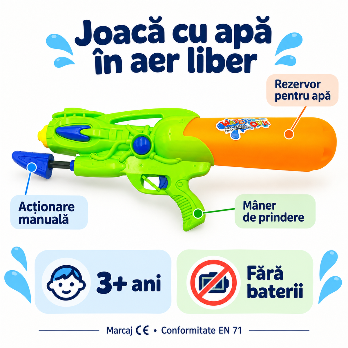 Jucărie cu apă verde-galbenă cu rezervor, mâner și acționare manuală