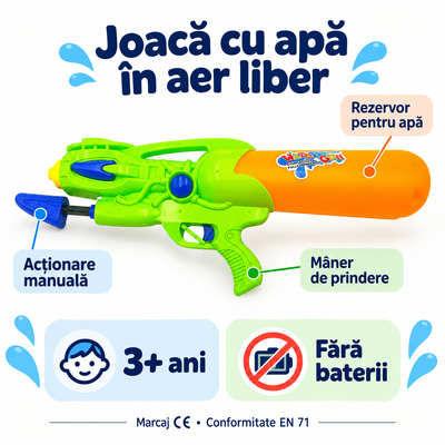 Jucărie cu apă verde-galbenă cu rezervor, mâner și acționare manuală