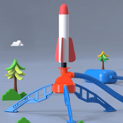 Vedere frontală a jucăriei din spumă pe suport cu trei picioare, cu furtun și pompă de aer