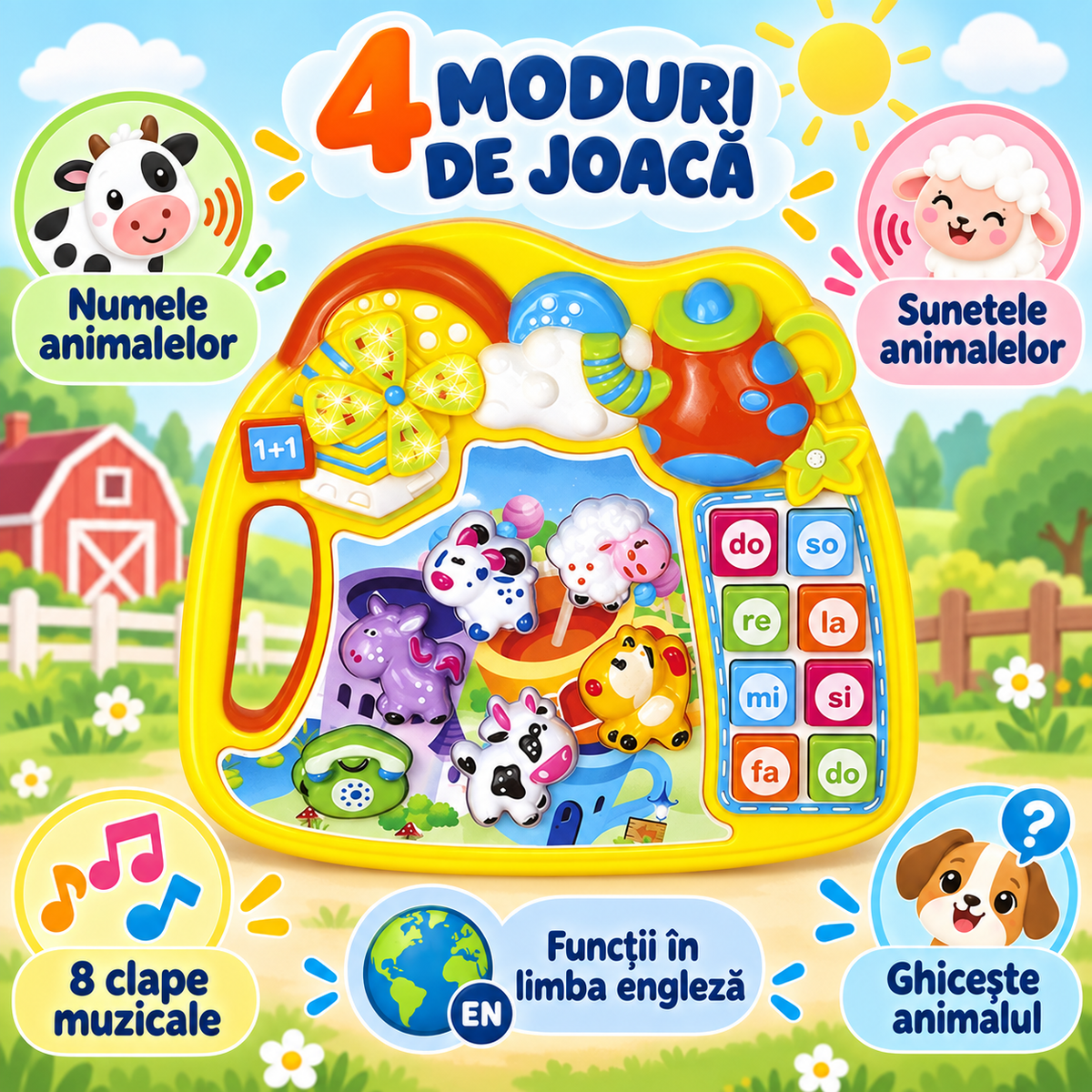 Cele 4 moduri de joacă ale jucăriei interactive galbene Ferma Animalelor LUDIRO