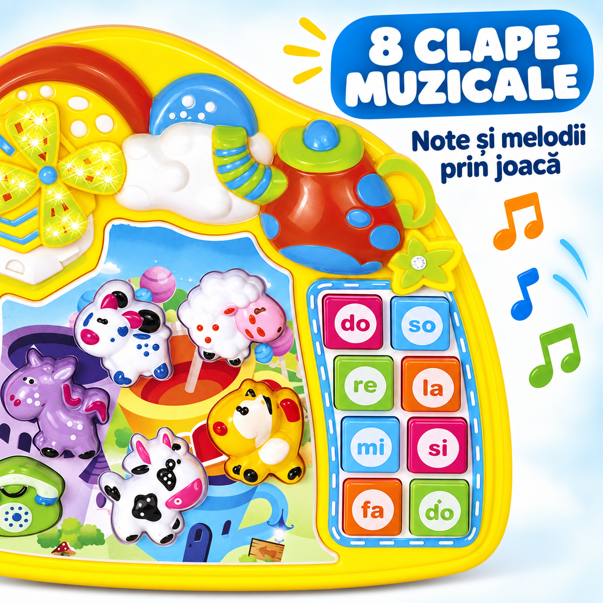 Cele 8 clape muzicale ale jucăriei interactive galbene Ferma Animalelor LUDIRO