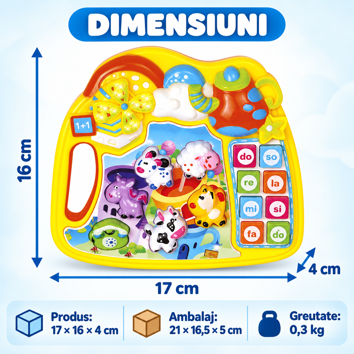 Dimensiunile jucăriei interactive galbene Ferma Animalelor LUDIRO, 17 x 16 x 4 cm