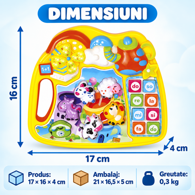 Dimensiunile jucăriei interactive galbene Ferma Animalelor LUDIRO, 17 x 16 x 4 cm