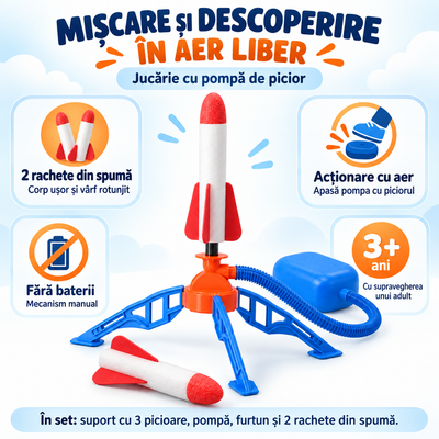 Caracteristici jucărie de exterior LUDIRO: două rachete din spumă, pompă cu aer, fără baterii, recomandată de la 3 ani