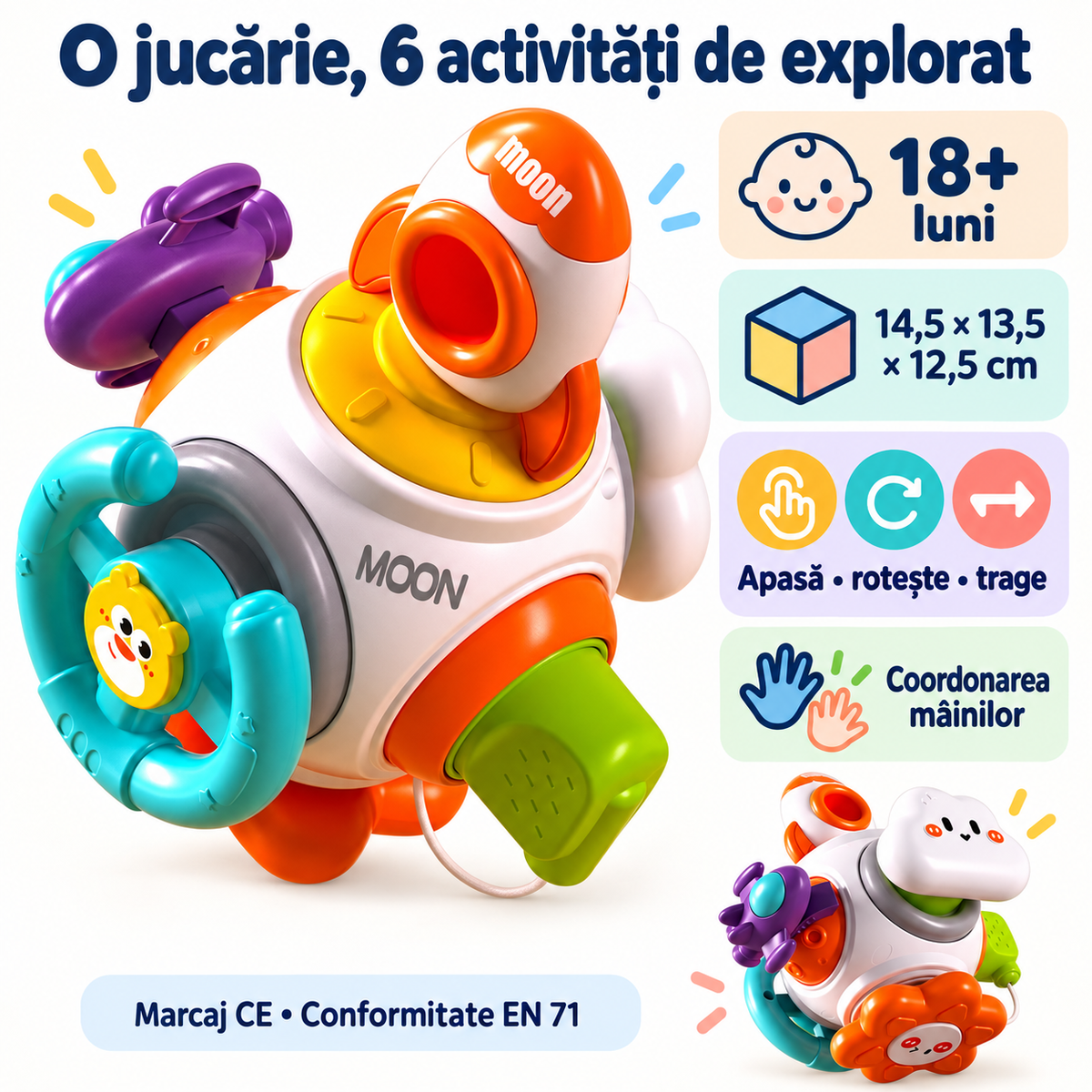 Jucăria senzorială spațială 6 în 1, cu dimensiunile 14,5 × 13,5 × 12,5 cm