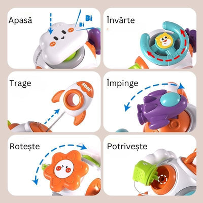 Șase activități ale jucăriei senzoriale: apăsare, învârtire, tragere, împingere, rotire și potrivire