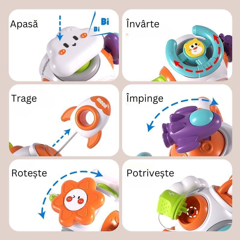 Șase activități ale jucăriei senzoriale: apăsare, învârtire, tragere, împingere, rotire și potrivire
