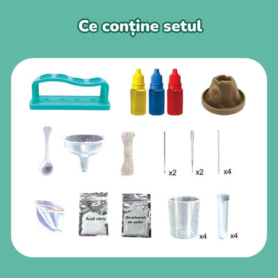 Conținutul kitului: suport, 4 eprubete, 4 pahare gradate, vulcan, pâlnie, pipete, 3 coloranți, acid citric și bicarbonat