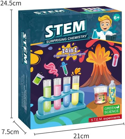 Cutia kitului Chimie surprinzătoare 14 în 1, cu dimensiunile 24,5 x 21 x 7,5 cm
