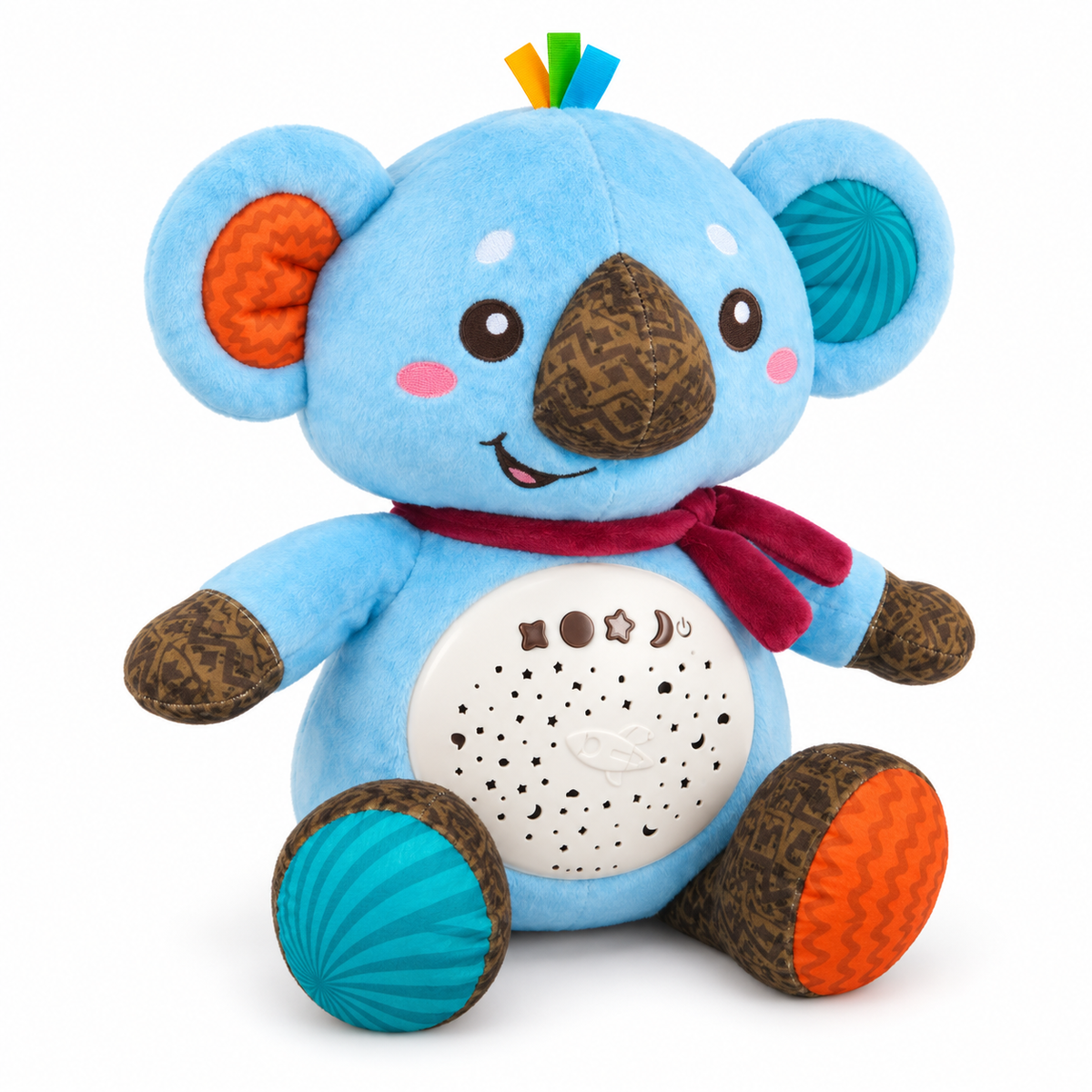Koala LUDIRO din pluș albastru, cu eșarfă roșie, lăbuțe colorate și proiector integrat, pe fundal alb.