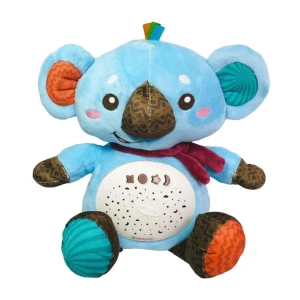 Koala albastru văzut din față, cu proiector rotund pe burtică și eșarfă roșie.