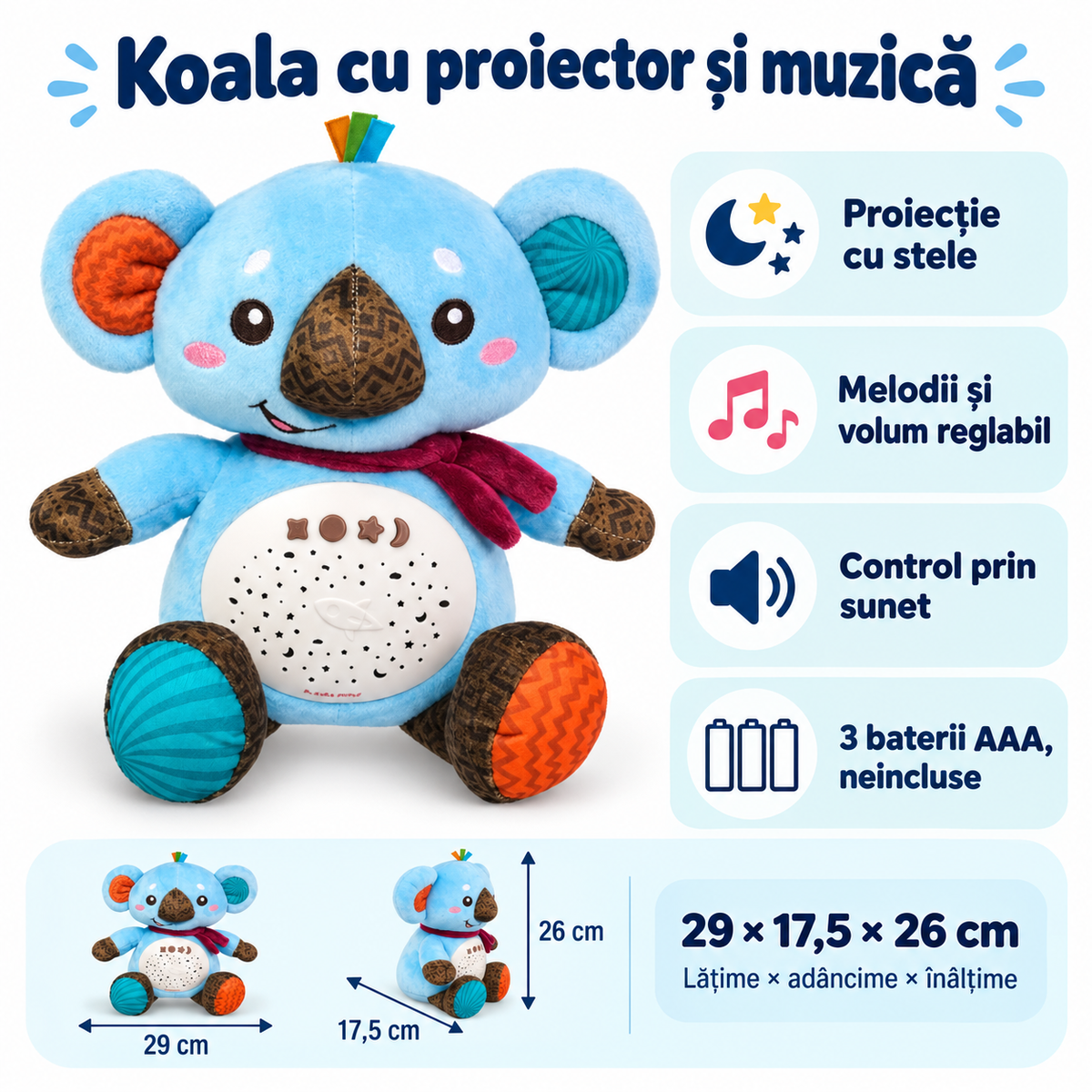 Funcțiile koalei LUDIRO: proiecție de stele, melodii, control prin sunet, 3 baterii AAA și dimensiuni de 29 × 17,5 × 26 cm.