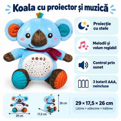 Funcțiile koalei LUDIRO: proiecție de stele, melodii, control prin sunet, 3 baterii AAA și dimensiuni de 29 × 17,5 × 26 cm.