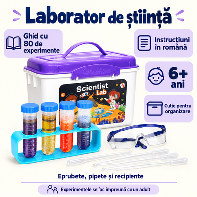 Caracteristicile laboratorului LUDIRO: ghid cu 80 de experimente, instrucțiuni în română, cutie de organizare și utilizare de la 6 ani împreună cu un adult.