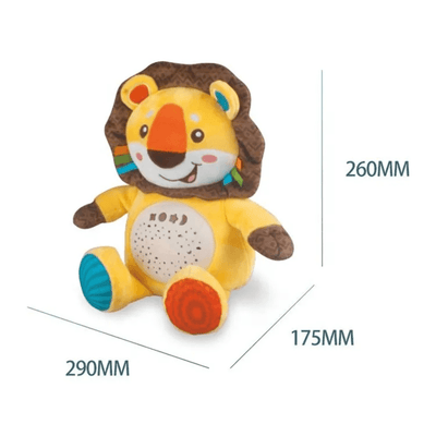Dimensiunile leului din pluș: 29 cm lățime, 17,5 cm adâncime și 26 cm înălțime.
