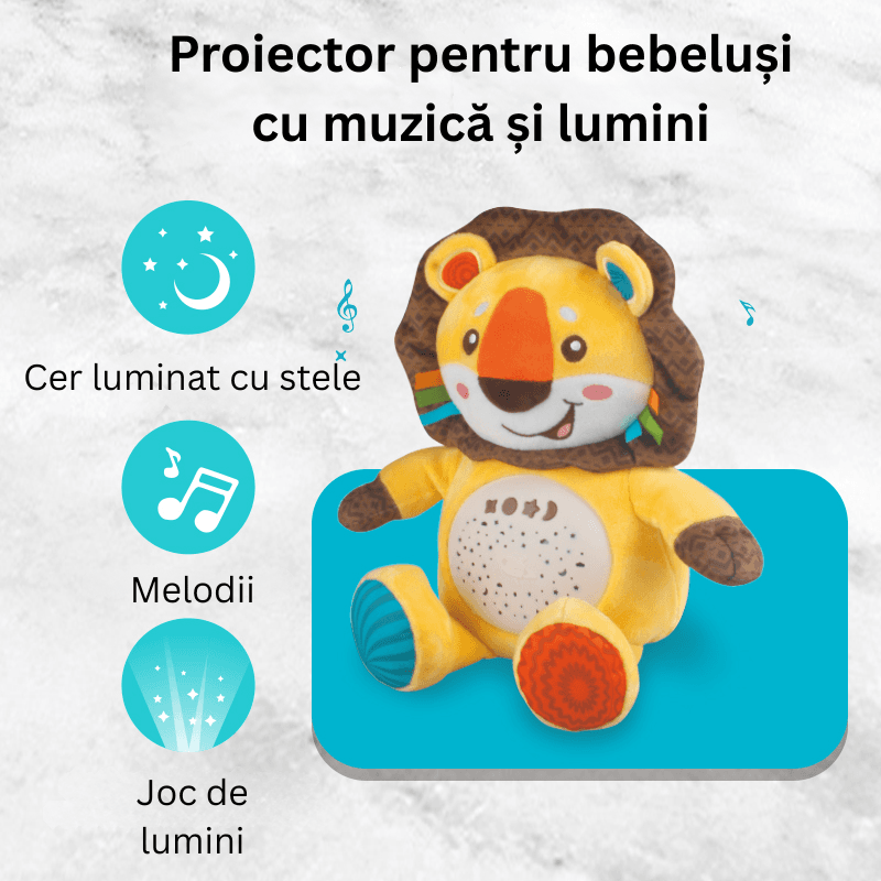 Prezentarea funcțiilor leului LUDIRO: proiecție de stele, melodii și lumini colorate.