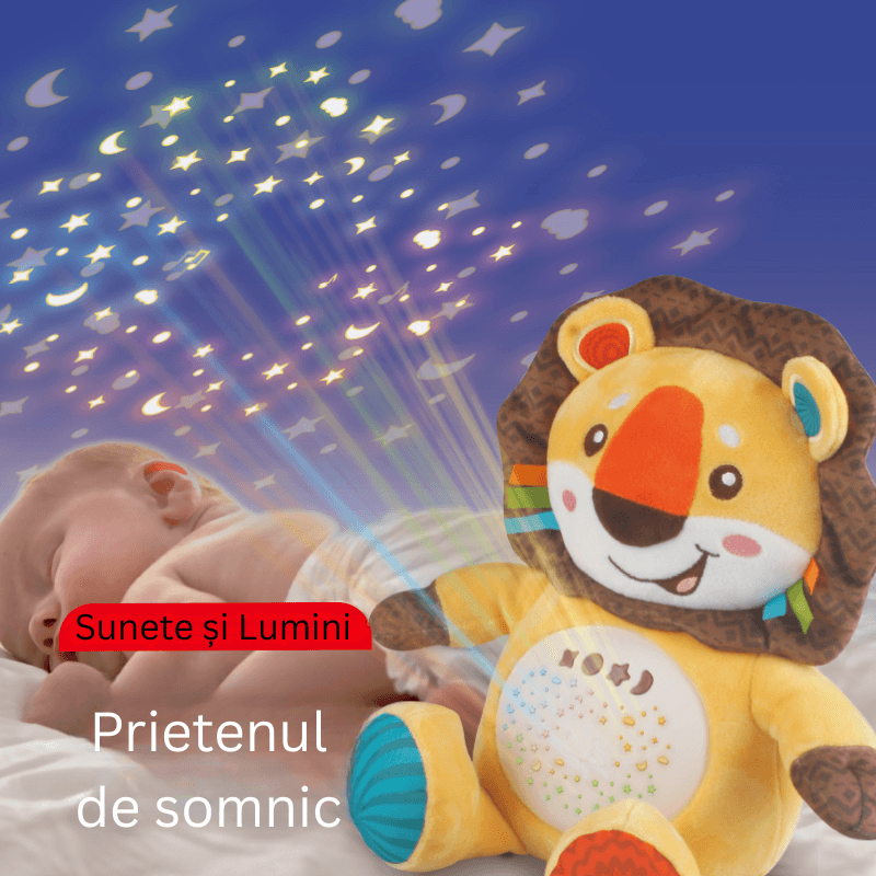 Leu LUDIRO din pluș galben, într-o ilustrație cu proiecție de stele și luni.